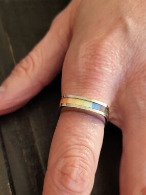 Vintage Sterling 925 Mother Of Pearl Rainbow Inlay Band - Multicolor